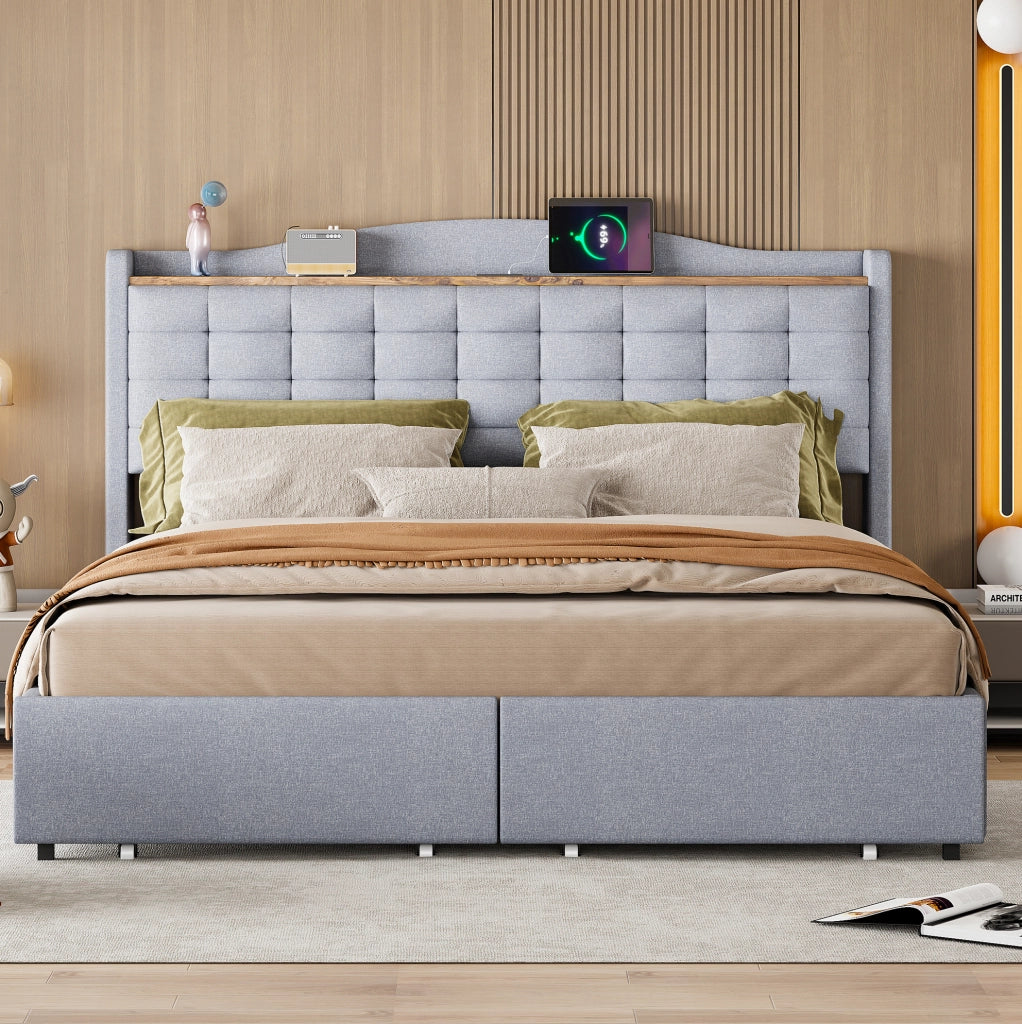 Letto imbottito 160x200 cm grigio con USB; mensola; 4 cassetti e rete a doghe