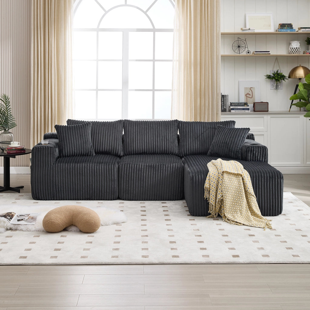 Divano modulare con chaise longue e 2 posti, tasche laterali, portabicchieri e 5 cuscini in tessuto a coste grigio