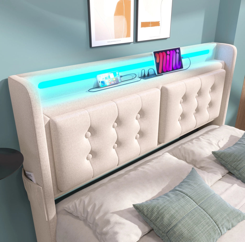 Letto imbottito ULEVR 140x200 cm con contenitore a gas, LED, prese USB e Type-C, beige