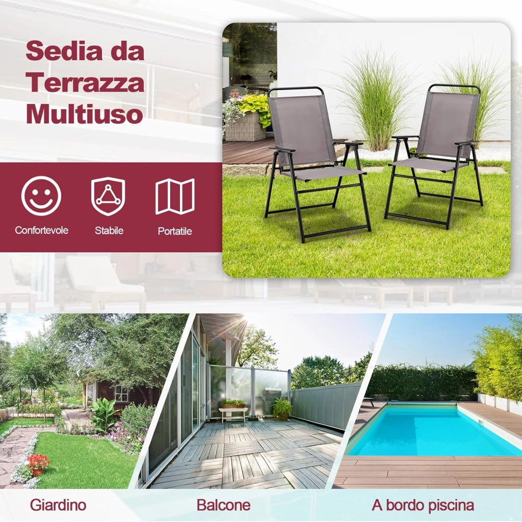 Set di 2 Sedie Pieghevoli da Esterno, Sedie da Pranzo Salvaspazio per Patio con Braccioli e Schienale, Telaio Triangolare, Piedini di Supporto, Sedie da Giardino Portata 150 kg