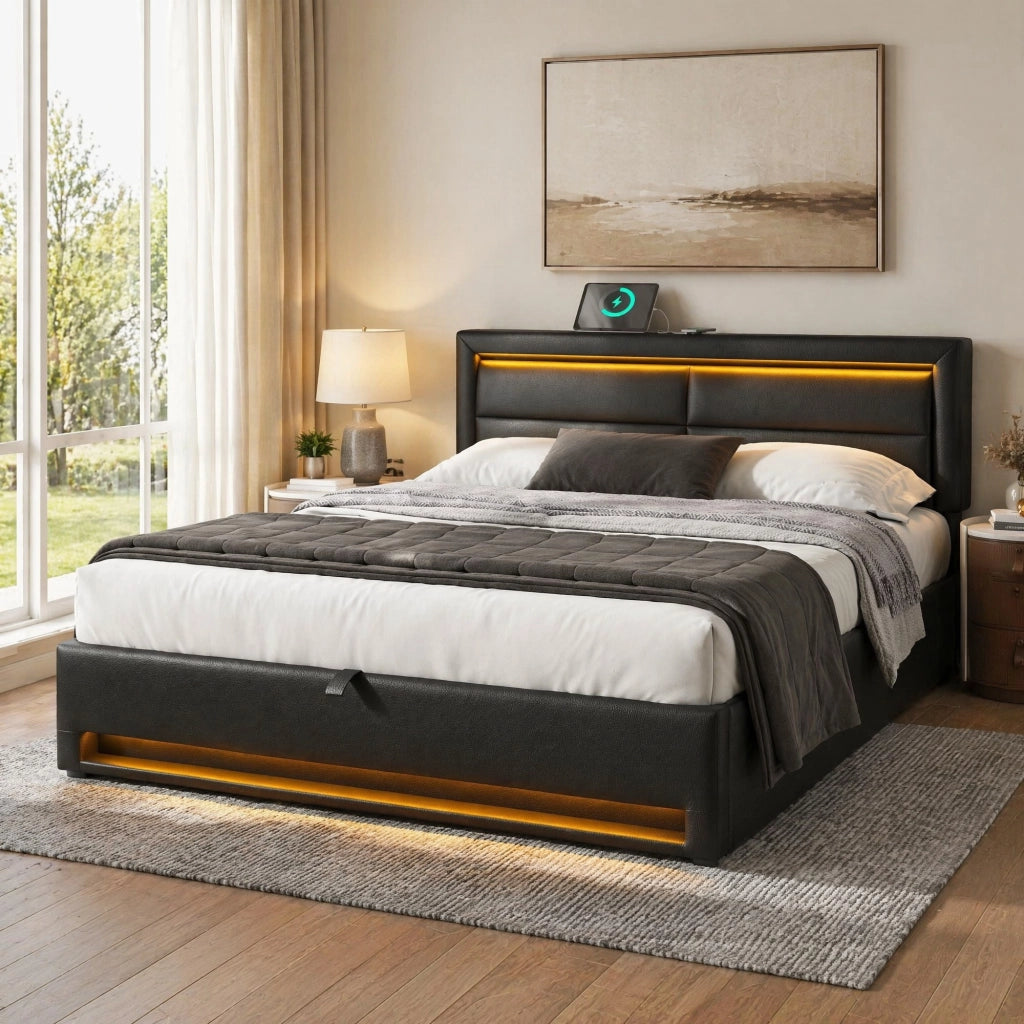 Letto imbottito 140 x 200 cm con USB, LED, contenitore, struttura a doghe, PU nero