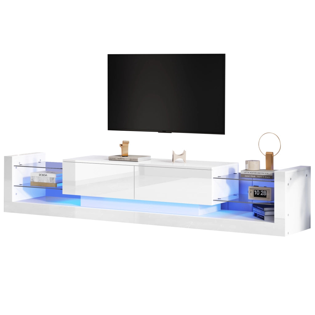 Mobile TV con 2 Vani a Ribalta e LED; Frontale in Vetro; per Soggiorno; in Truciolato; 181 × 38 × 38 cm; Bianco