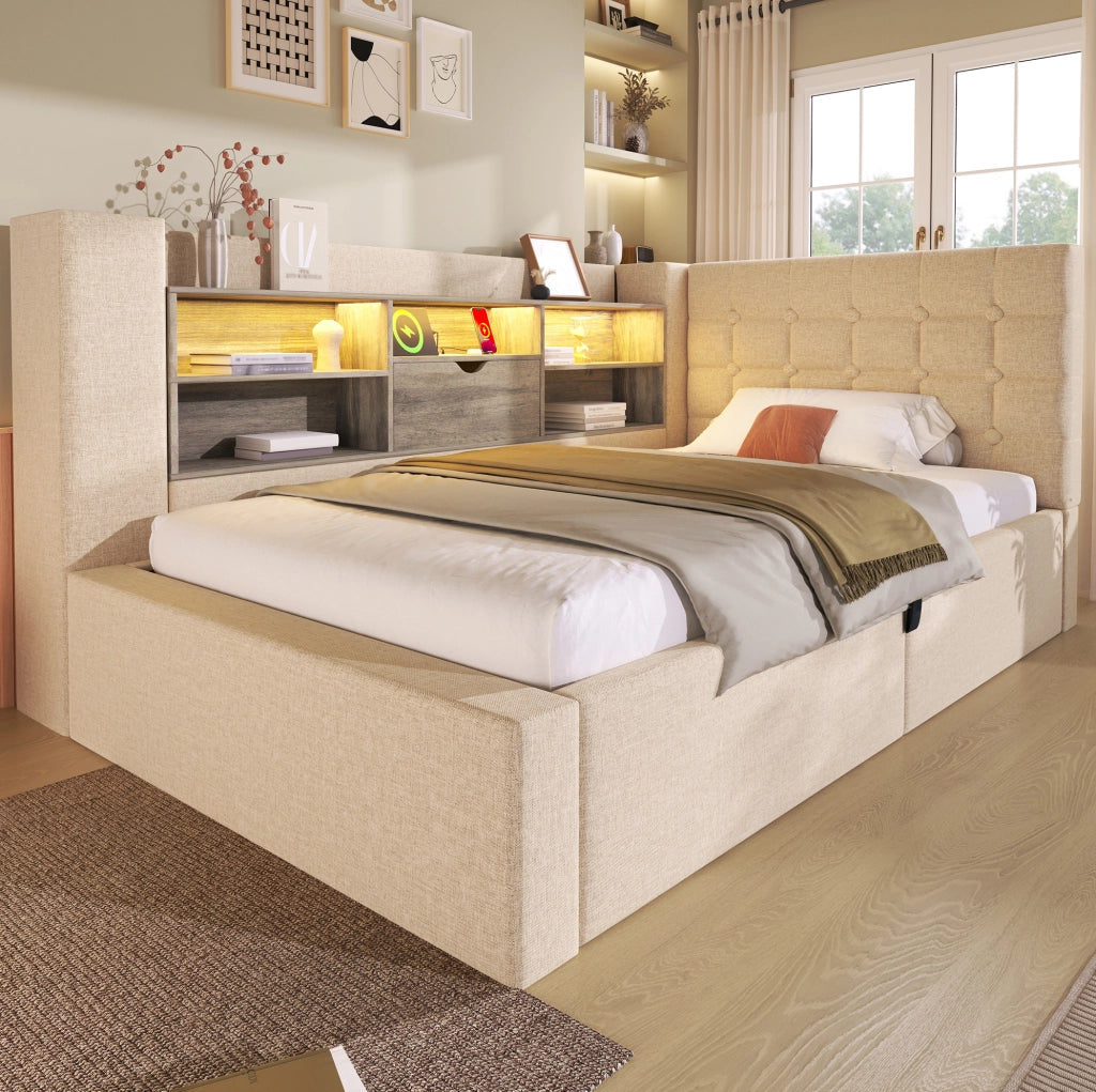 Letto 90x190 cm con LED; contenitore e porte di ricarica in lino beige