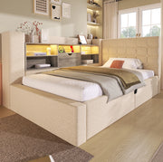 Letto 90x190 cm con LED; contenitore e porte di ricarica in lino beige