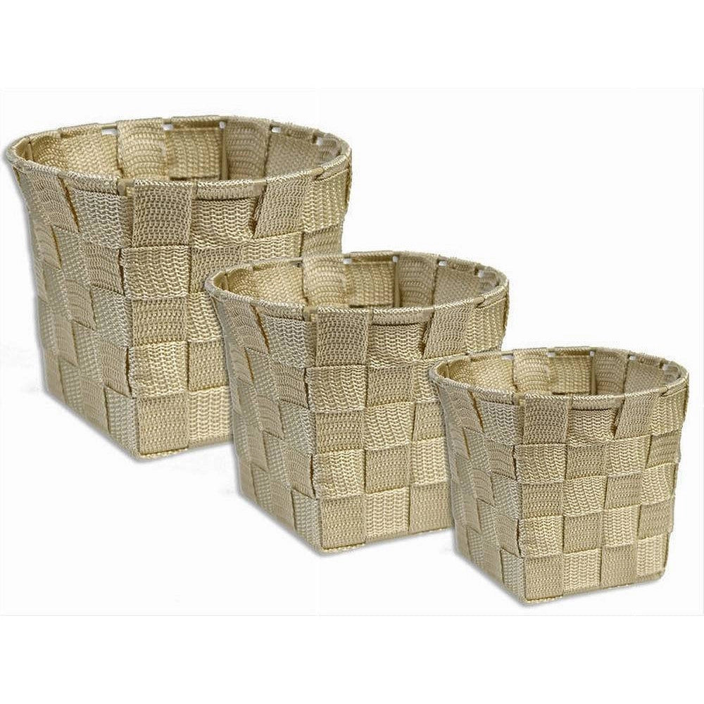 Trade Shop - Set 3 Cestini Rotondi Porta Oggetti In Tessuto Beige Per Bagno Casa Cucina 79045 -