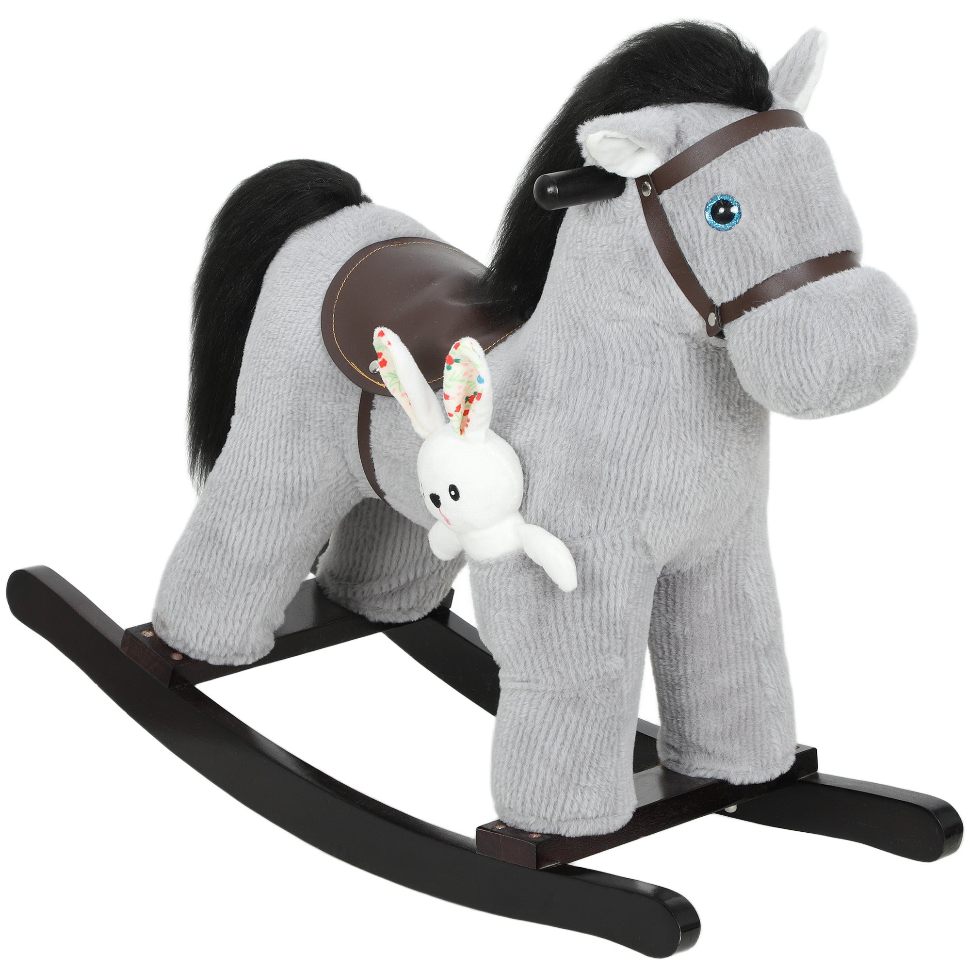 Cavallo a Dondolo con Suoni per Bambini da 2-5 Anni Coniglietto Incluso in Legno e Peluche Grigio
