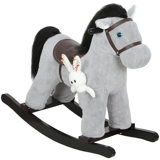 Cavallo a Dondolo con Suoni per Bambini da 2-5 Anni Coniglietto Incluso in Legno e Peluche Grigio