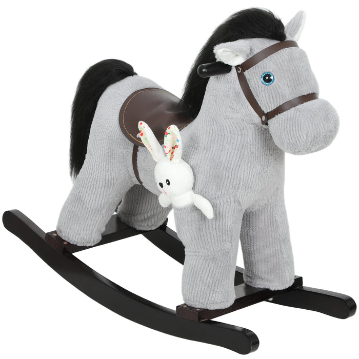 Cavallo a Dondolo con Suoni per Bambini da 2-5 Anni Coniglietto Incluso in Legno e Peluche Grigio