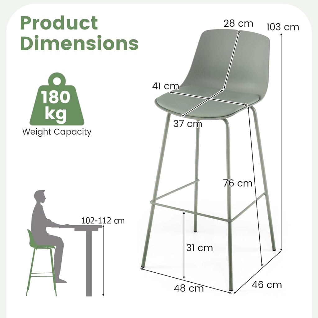 Sgabello bar con poggiapiedi e sedia da bar, set di 4 pezzi, con seduta imbottita e schienale ergonomico, seggiolone da cucina, sala da pranzo, banco, bistrot, verde