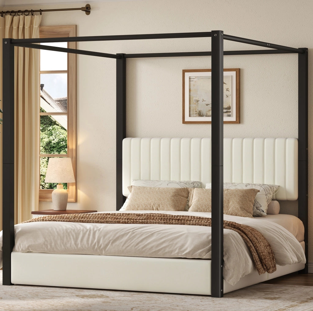 Letto a baldacchino 180x200 cm con testiera in velluto MDF e metallo beige e nero