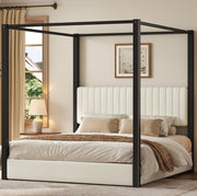 Letto a baldacchino 180x200 cm con testiera in velluto MDF e metallo beige e nero