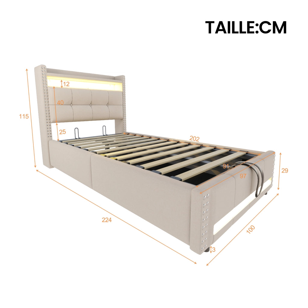 OKWISH Letto Bambino 90×200 cm, Letto Singolo con Contenitore, USB, LED Regolabile e Mensole, senza Materasso, in Tessuto Beige