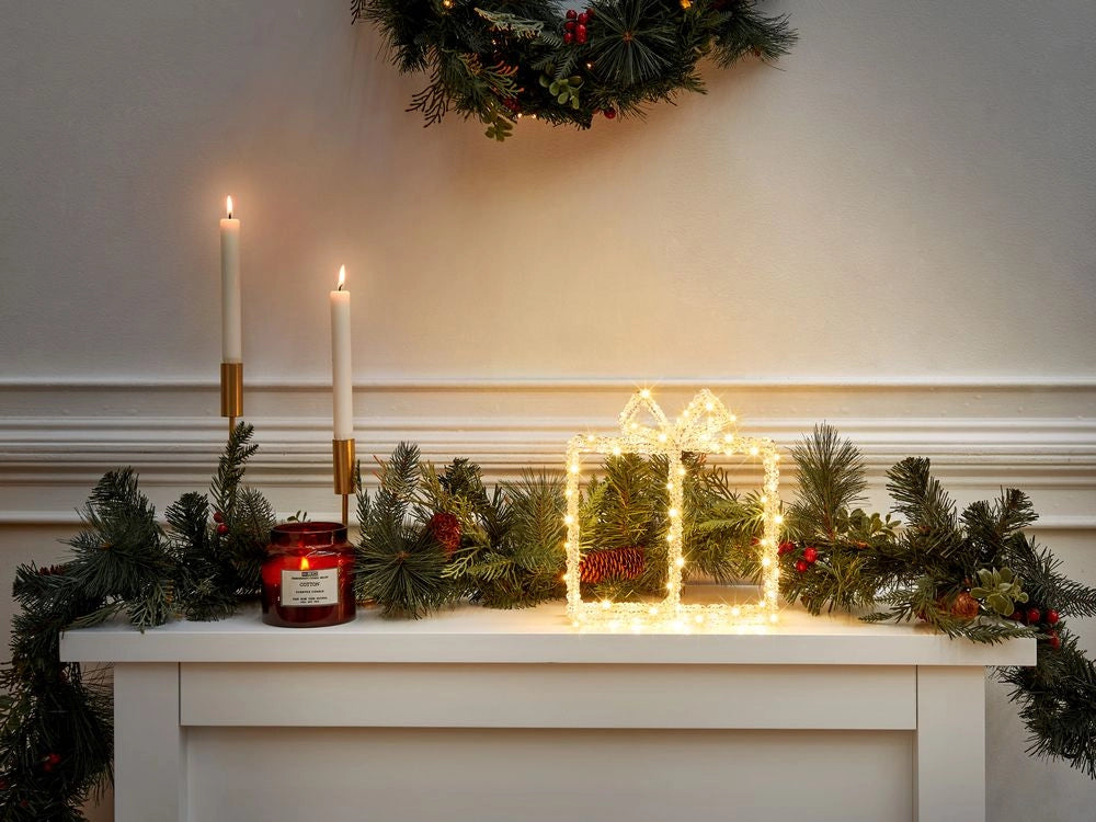 Decorazione natalizia per interno ed esterno a forma di regalo Luci LED illuminazione struttura metallica bianca accessorio di Natale