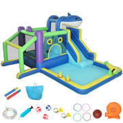 Gonfiabile Tema Squali per Bambini 405x345x235 cm con Scivolo Piscina Acqua-Palline in Tessuto Oxford 840D+420D