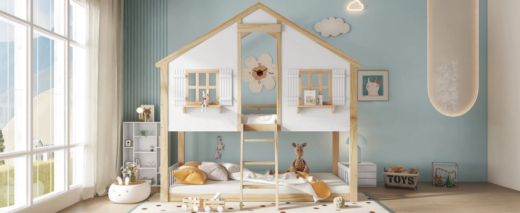 letto a castello in legno massiccio e mdf bianco naturale 90x200 cm
