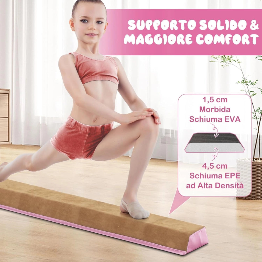 Trave da Ginnastica per Bambini Pieghevole 240 cm, Trave di Equilibrio Portatile conSuperficie in Pelle Scamosciata e Schiuma Morbida, Attrezzatura per Ginnastica a Casa