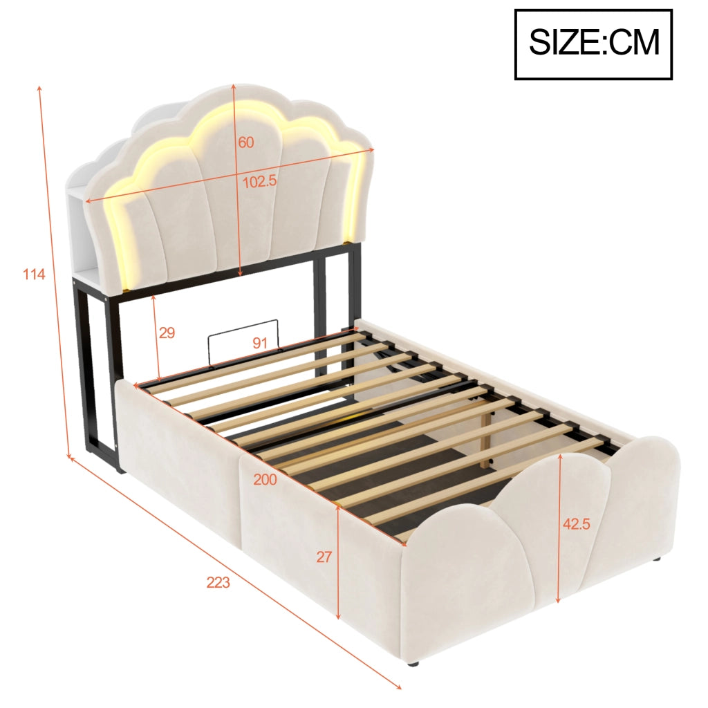LETTO imbottito 90x200 cm in velluto beige con contenitore idraulico, LED e prese