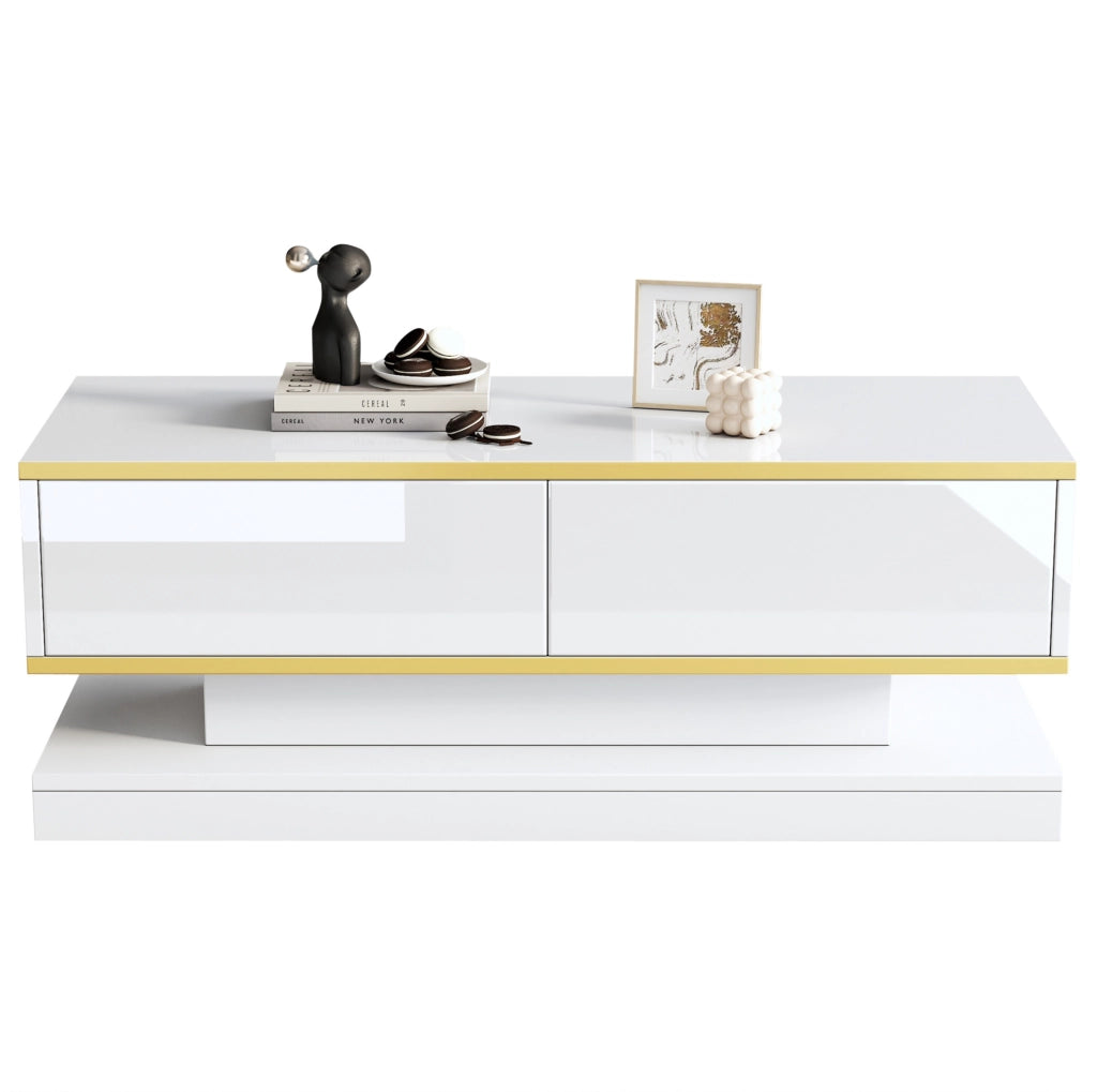 Tavolino da caffè 100x50x38 cm con 2 cassetti; finitura lucida; truciolare; bianco caldo e oro