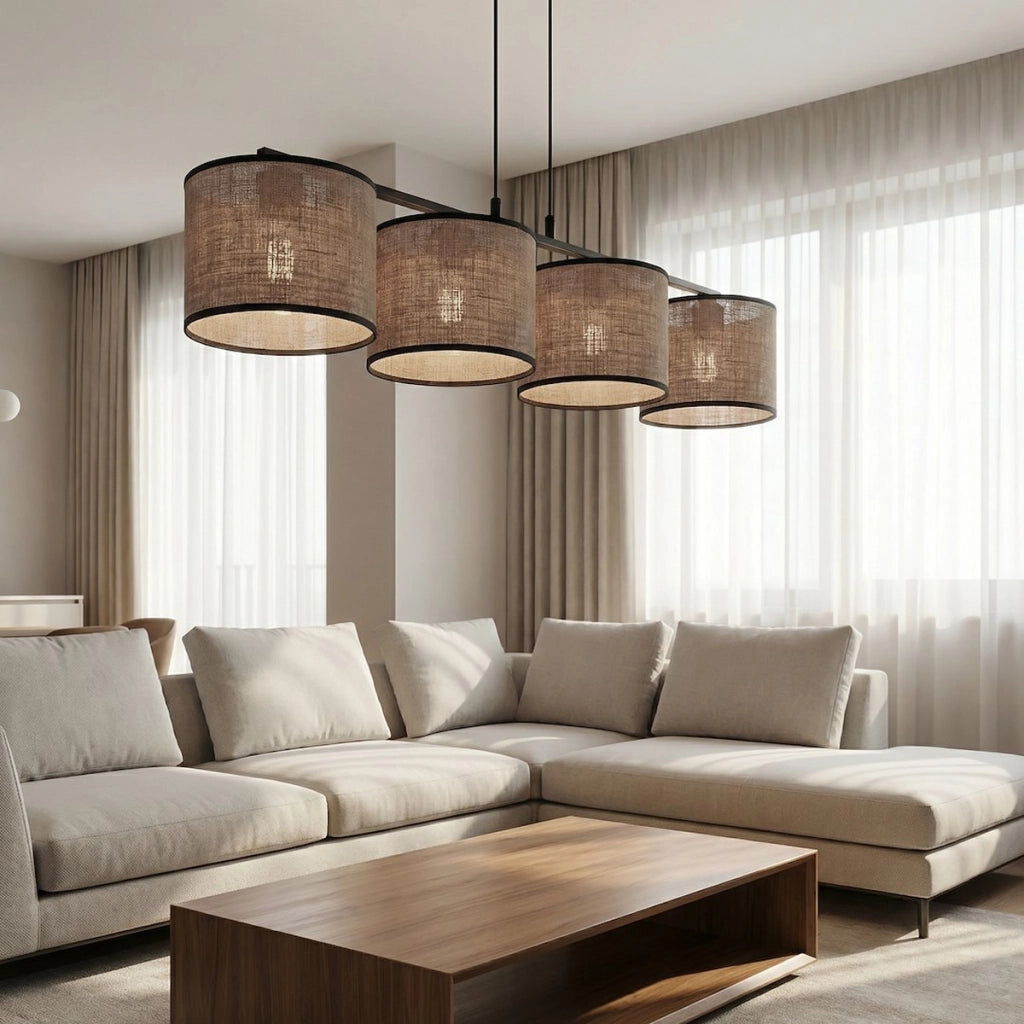 Lampada a sospensione ECO a quattro luci con paralumi in tessuto