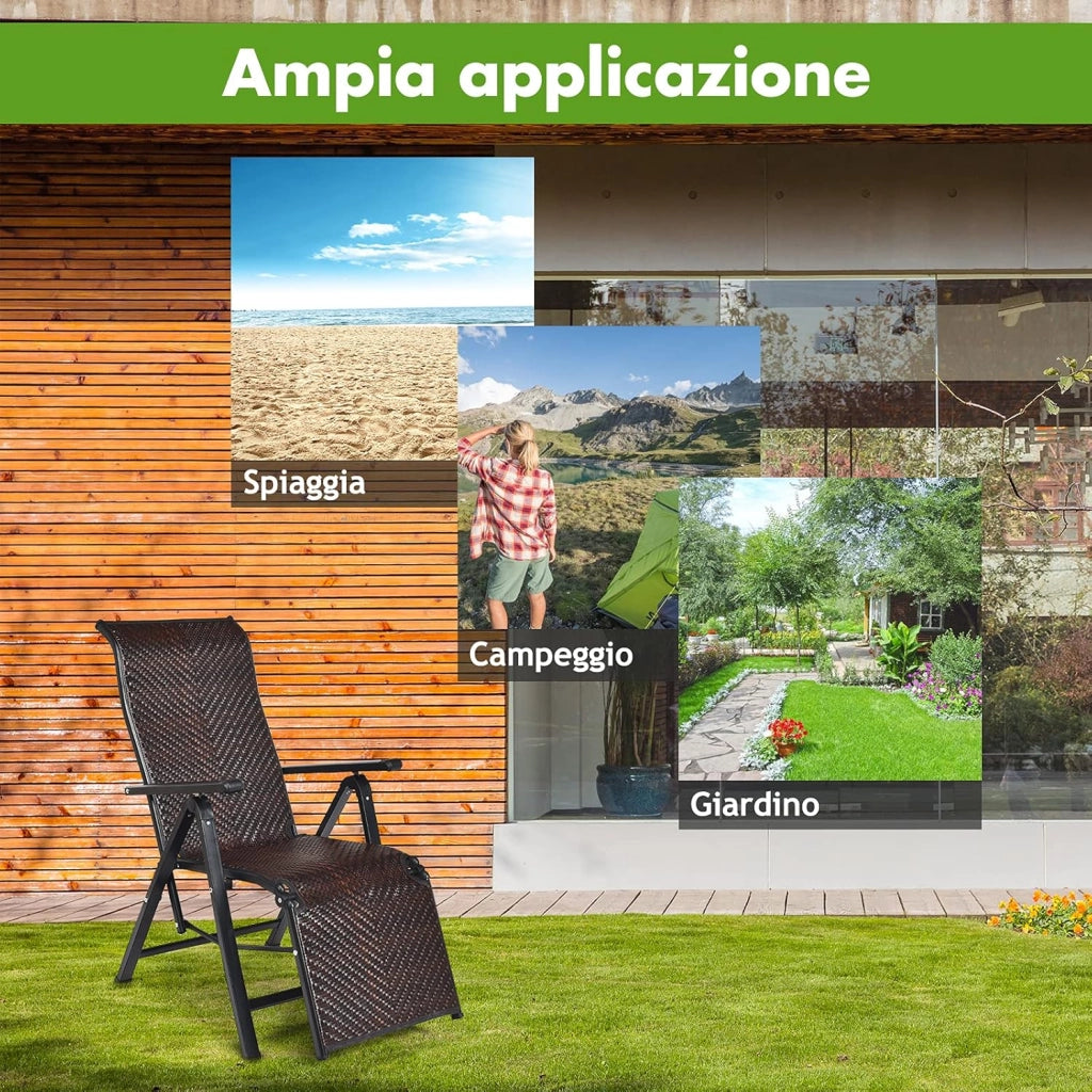 Sedie Pieghevoli e Reclinabili in Rattan, Chaise Longue Portatile con Schienale Regolabile, Sedia a Sdraio da Esterno con Braccioli Ampi, Struttura in Acciaio, per Interno ed Esterno (1)