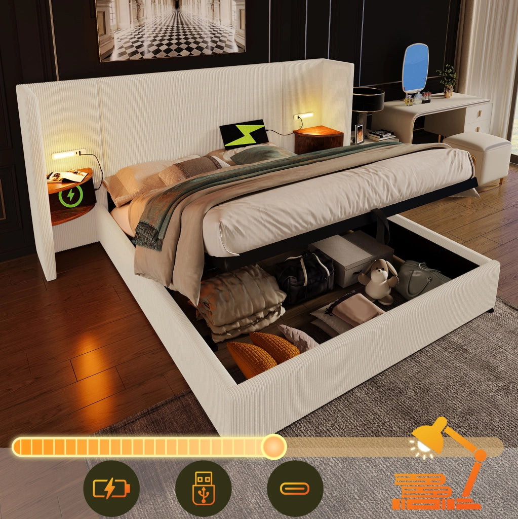 Letto matrimoniale 160x200 beige con contenitore, luce e ricarica USB