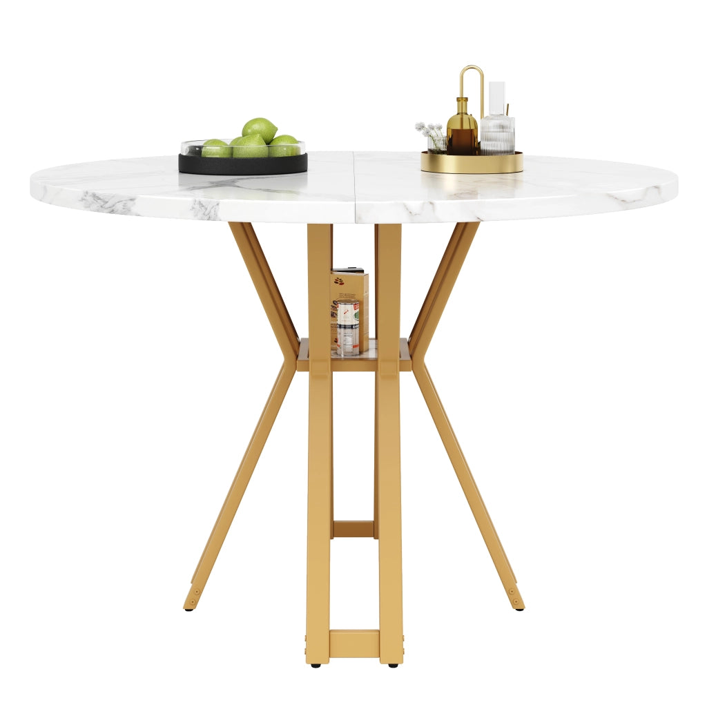 Tavolo da pranzo rotondo per 4-6 persone con piano in MDF effetto marmo e gambe in metallo, per soggiorno 100 × 100 × 76 cm
