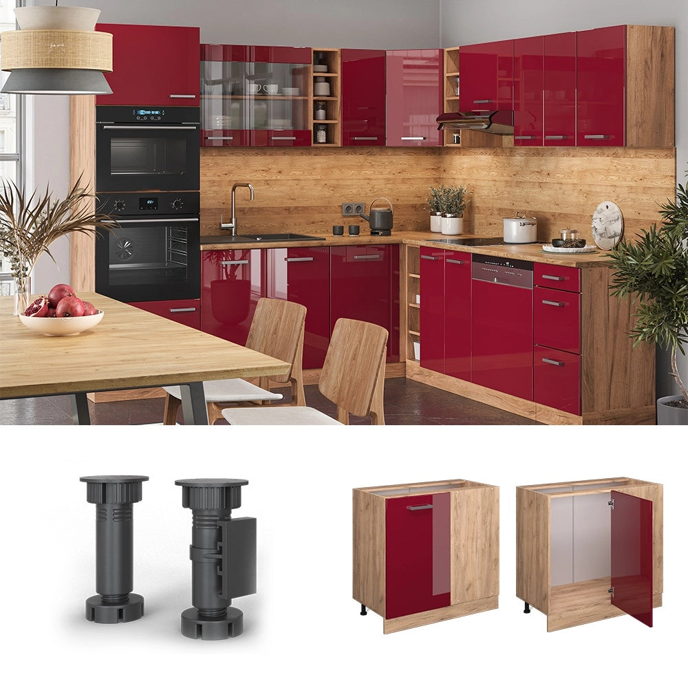 Mobile ad angolo cucina R-Line Rosso lucido/Rovere dorato 86 cm senza piano di lavoro Vicco