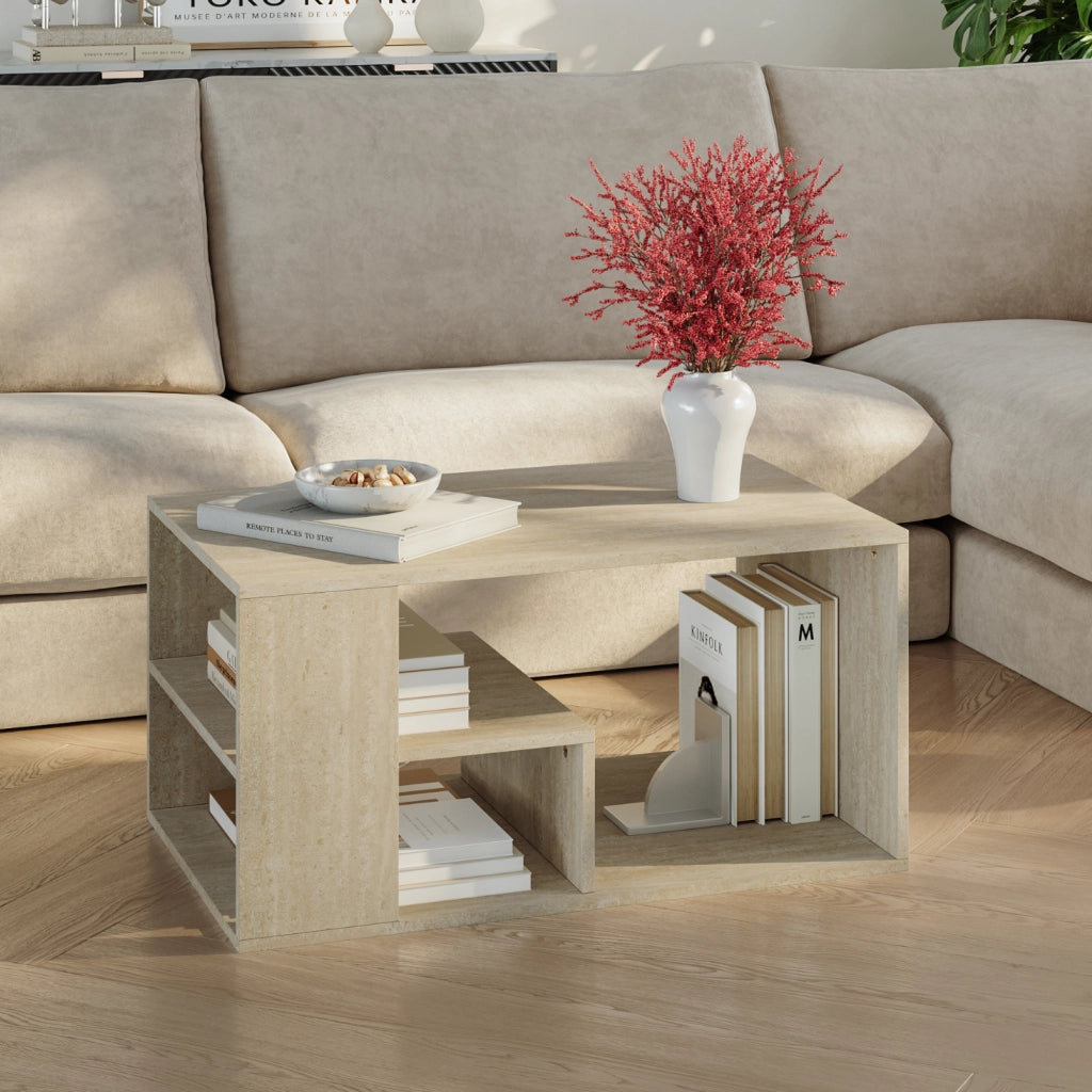 Tavolino Centrale da Salotto Antaa con Vani Aperti 80 x 50 x 40 cm - Color Avorio Travertino [en.casa]