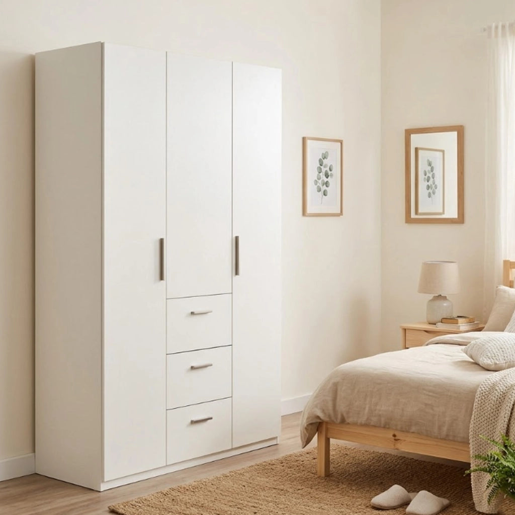 Armadio Camera da Letto Anama, Guardaroba 3 Ante 4 Ripiani, 117x52 cm Bianco