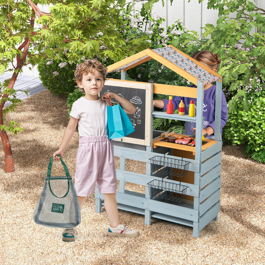 Cucina da gioco 2 in 1 in legno per bambini 3+ anni-Cucina da gioco all'aperto e negozio di alimentari con lavello rimovibile Multicolore