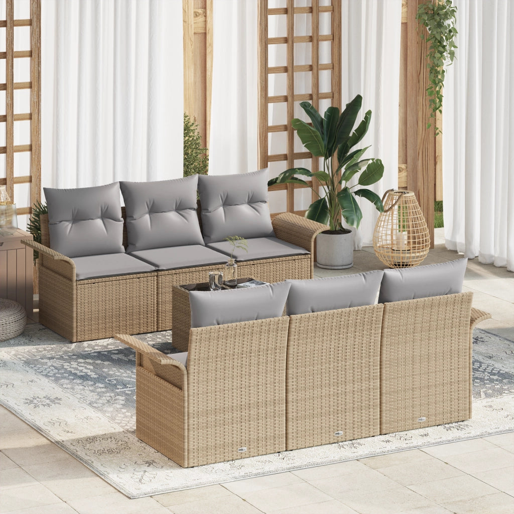 Set Divano da Giardino 7 Pezzi con Cuscini Beige Polyrattan