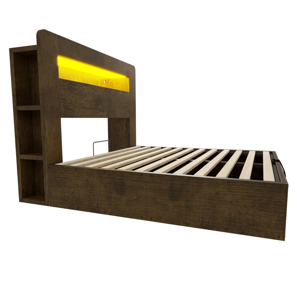 Letto 140x200 cm con contenitore idraulico, LED e prese in legno