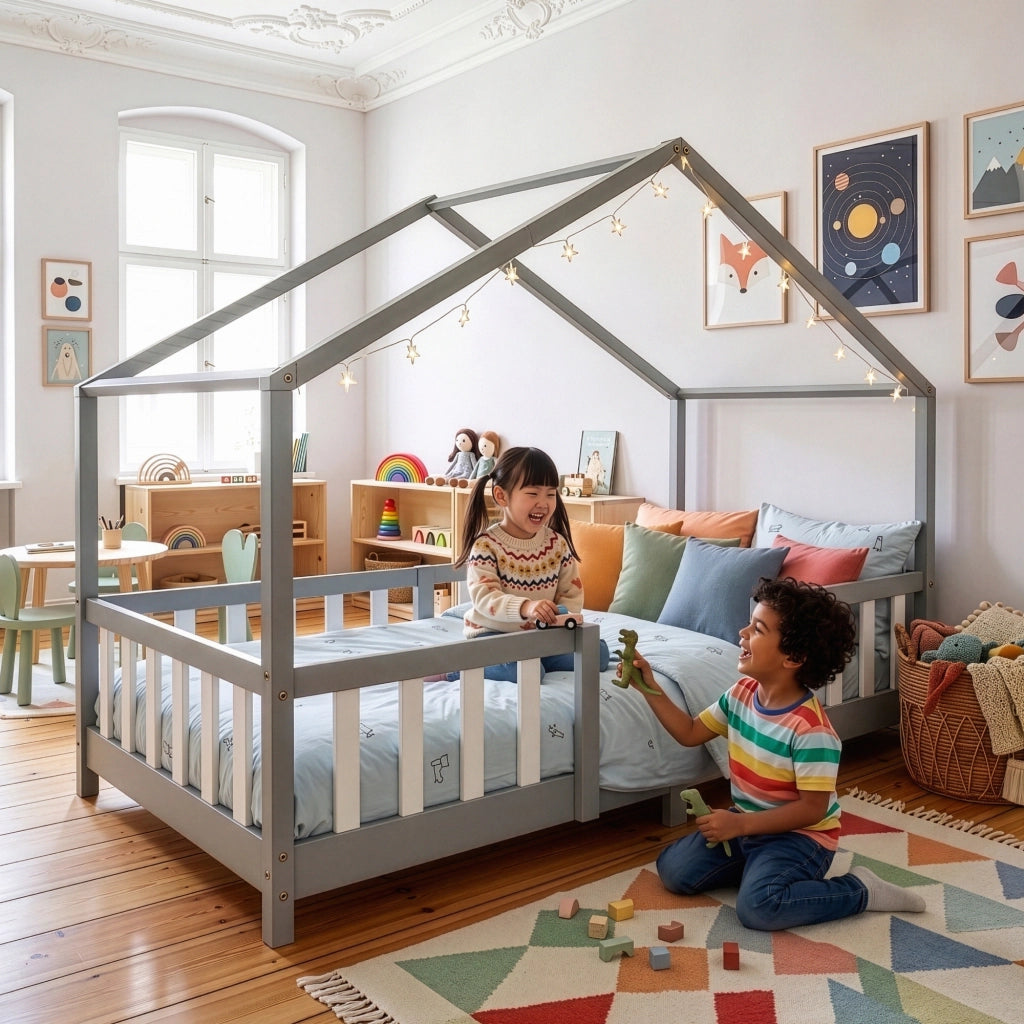 Letto per Cameretta Treviolo a Forma di Casetta in Stile Montessori con Materasso 90x200 cm - Grigio Chiaro/Bianco [en.casa]