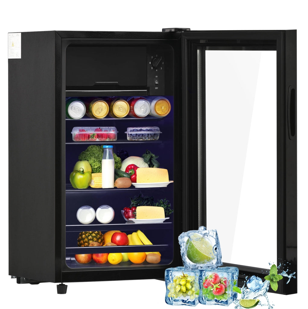 Frigorifero compatto 76L nero con congelatore 6L; LED; porta in vetro doppio e ripiani regolabili