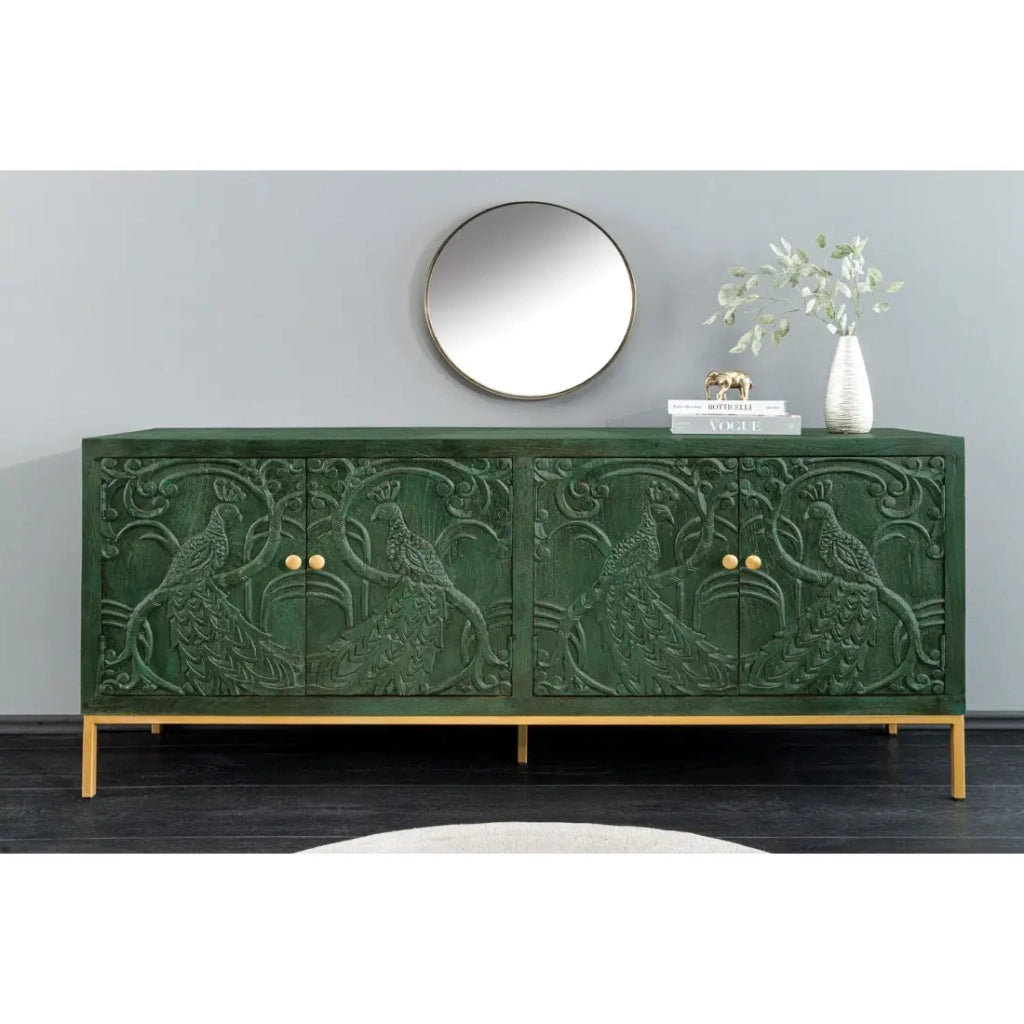 Buffet 175 cm 4 porte legno massiccio verde e dorato – Collezione TANJORE