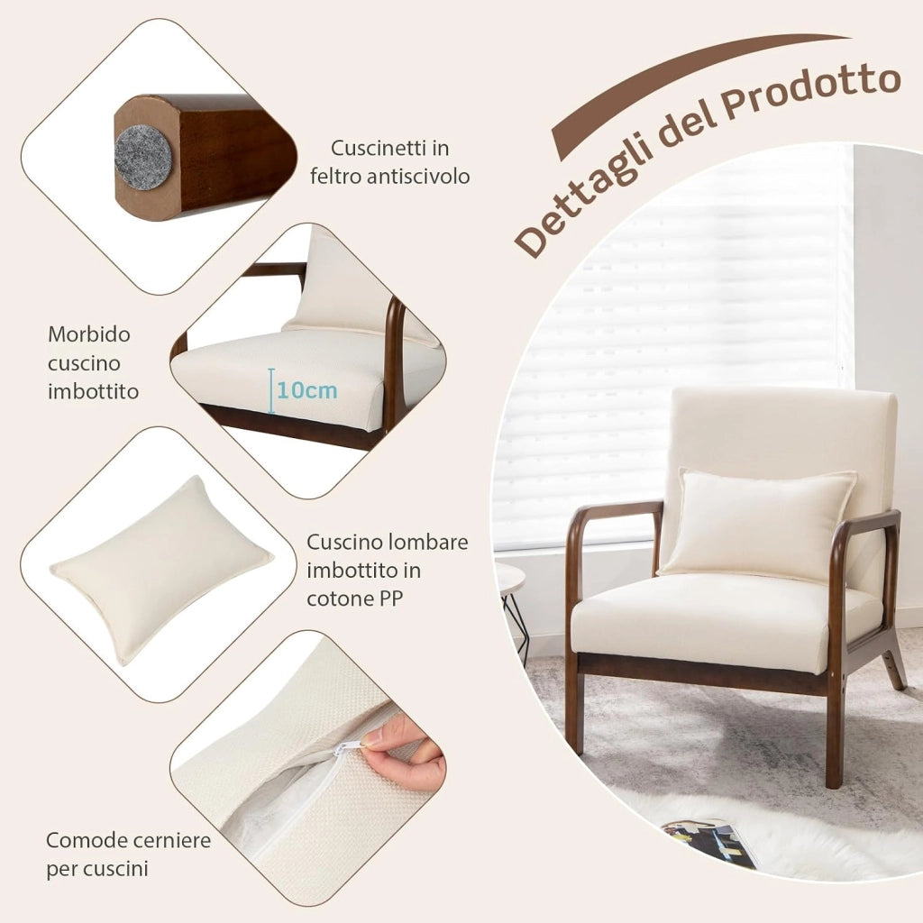 Poltrona da Salotto, Sedia da Soggiorno con Cuscino Lombare, Poltrona Moderna Imbottita, Telaio in Legno di Gomma, per Soggiorno, Camera da Letto, Portata 150 kg (Beige)