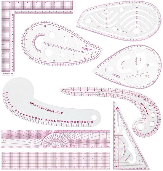 Set di righelli per sartoria 9 pezzi - Righelli metrici trasparenti - Righelli flessibili curvi - Disegni per cucire - Accessori per cucire - Ciotole chiare rosa - Righello per cucire