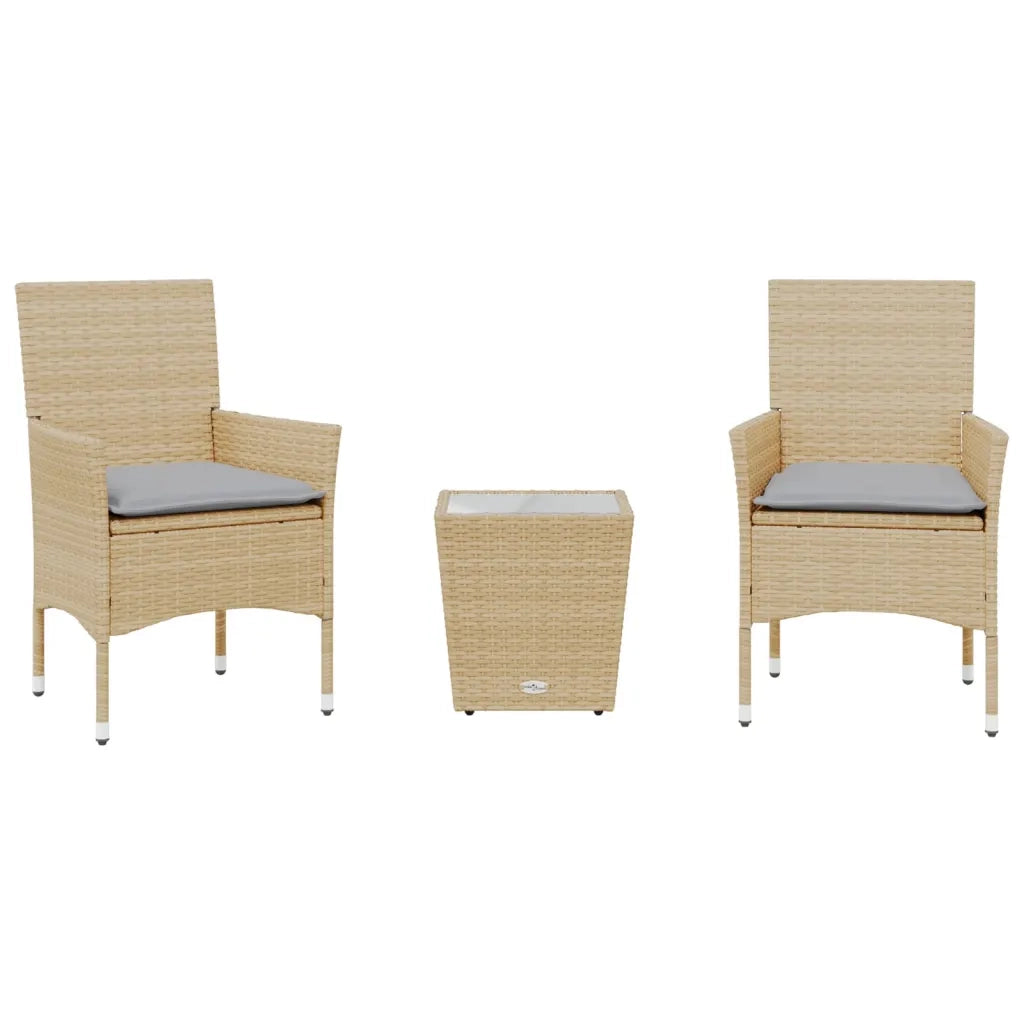 Set da BistrÃ² 3 pz con Cuscini Beige Polyrattan e Vetro