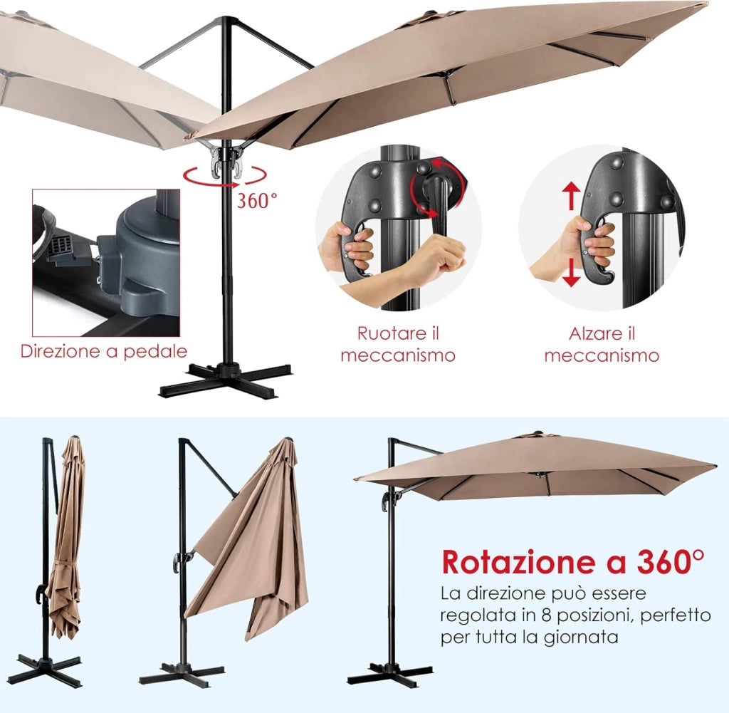 Ombrellone da Giardino 300 x 300cm | 3 Inclinazioni, Rotazione 360°, Manovella, 8 Stecche, Base Incrociata per Esterno (Caffè, 300 x 300 x 273 cm)