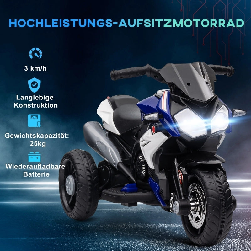 Motocicletta elettrica per bambini, con luci e suoni, 3 km/h, ricaricabile, in plastica e metallo, blu/bianca