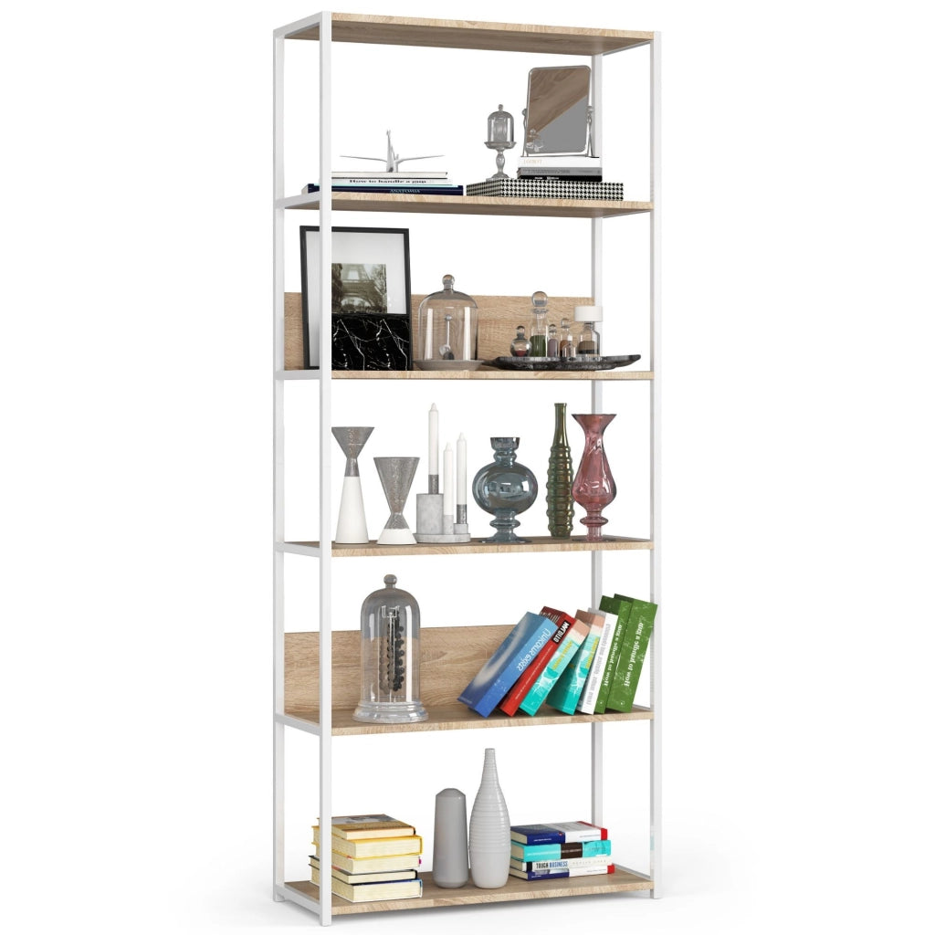 Scaffale stilo loft con ripiani in legno 80 cm Bianca 80 cm inserto frontale Sonoma Quercia 80x32x192 cm