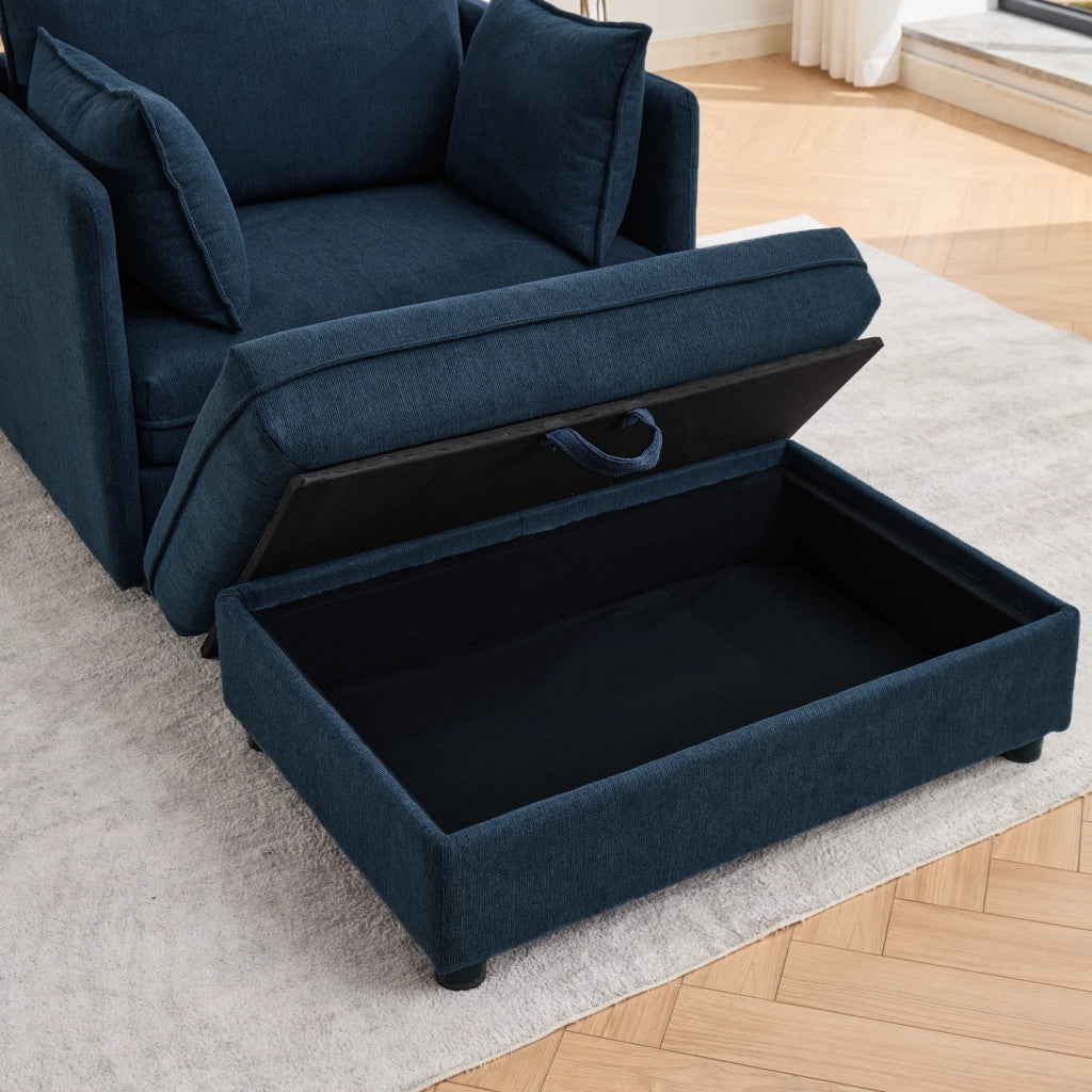 Poltrona lounge modulare in velluto blu con pouf contenitore separato