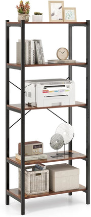 Libreria a 5 Ripiani, Scaffale di Stoccaggio con Struttura in Metallo e Doppio Sistema Anti-Ribaltamento, Scaffale Autoportante per Ufficio Soggiorno Camera da Letto, 66x34x161 cm