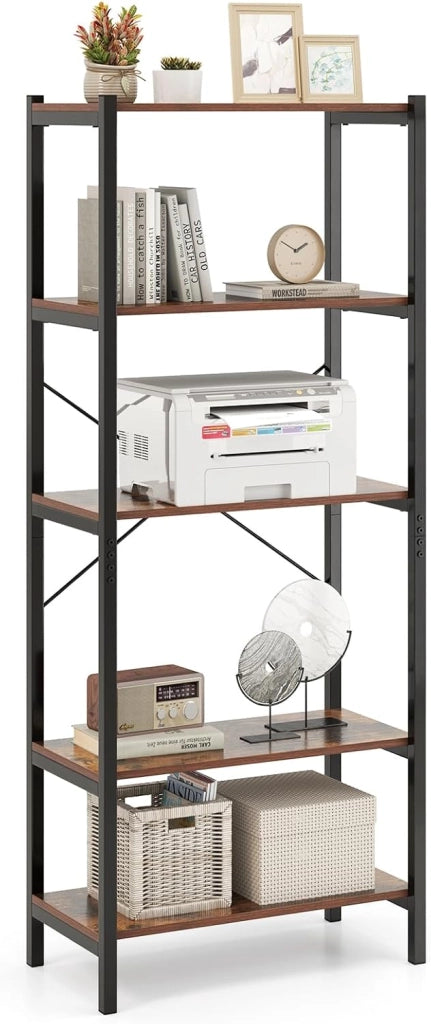 Libreria a 5 Ripiani, Scaffale di Stoccaggio con Struttura in Metallo e Doppio Sistema Anti-Ribaltamento, Scaffale Autoportante per Ufficio Soggiorno Camera da Letto, 66x34x161 cm