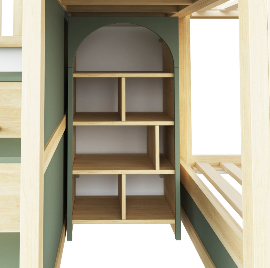 Letto a castello per bambini 90x200 cm a casetta con scala contenitore; verde; grigio e legno naturale