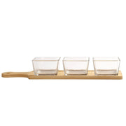 Trade Shop - Antipastiera Con 3 Ciotole In Vetro Vassoio Base In Bamboo 40x10cm Per Salse Finger Food -