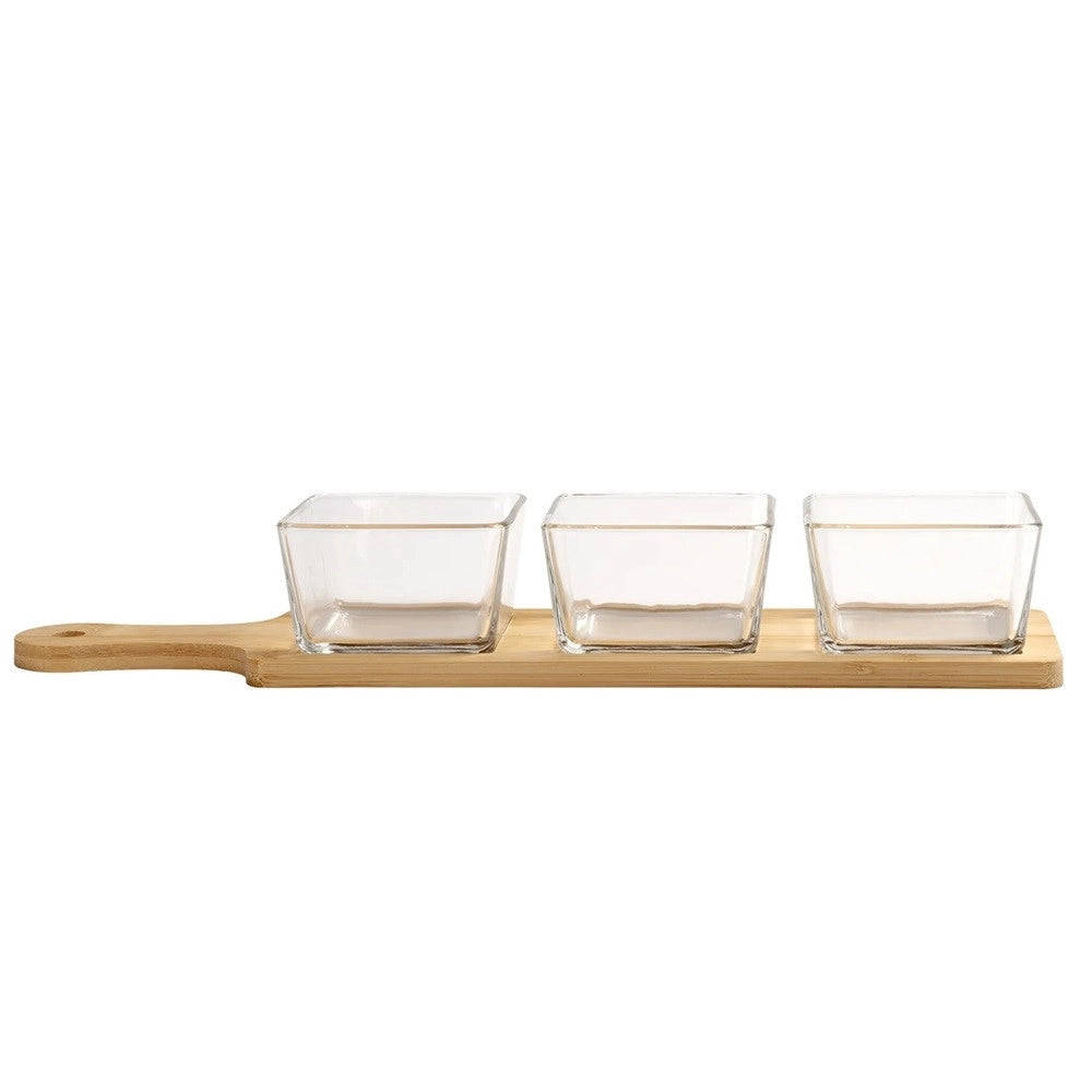 Trade Shop - Antipastiera Con 3 Ciotole In Vetro Vassoio Base In Bamboo 40x10cm Per Salse Finger Food -