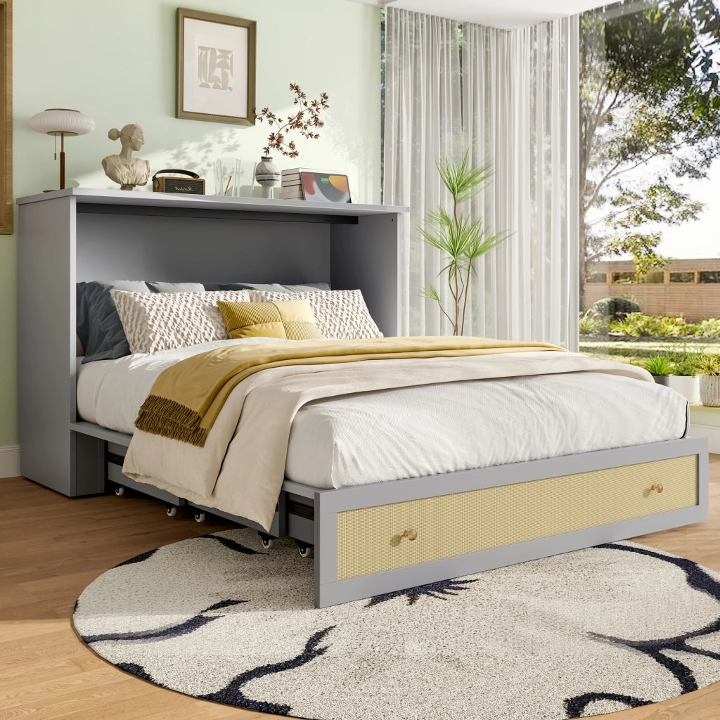DESMIU Letto combinato 2 posti con cassetto, USB e presa, 140 × 200 cm, senza materasso, MDF, grigio