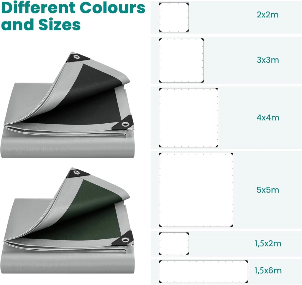 Telone Occhiellato Idrorepellente 5x5 m, Telo di Copertura in PE 280 g/m² con Occhielli, Protezione Anti UV e Antipioggia per Barca, Auto, Piscina, Grigio+Nero