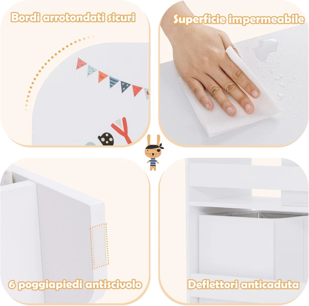 Armadio per Bambini, Scaffale di Legno con 3 Livelli e 5 Scompartimenti, 2 Cassetti in Tessuto e 3 Spazi per Giocattoli e Libri, Scaffale Verticale per Bambini, Bianco (Pirata Animale)